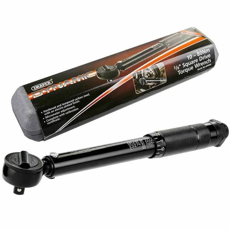 Draper 64534 Black 3/8" Square Drive Torque Wrench In Case Calibrated 10-80Nm